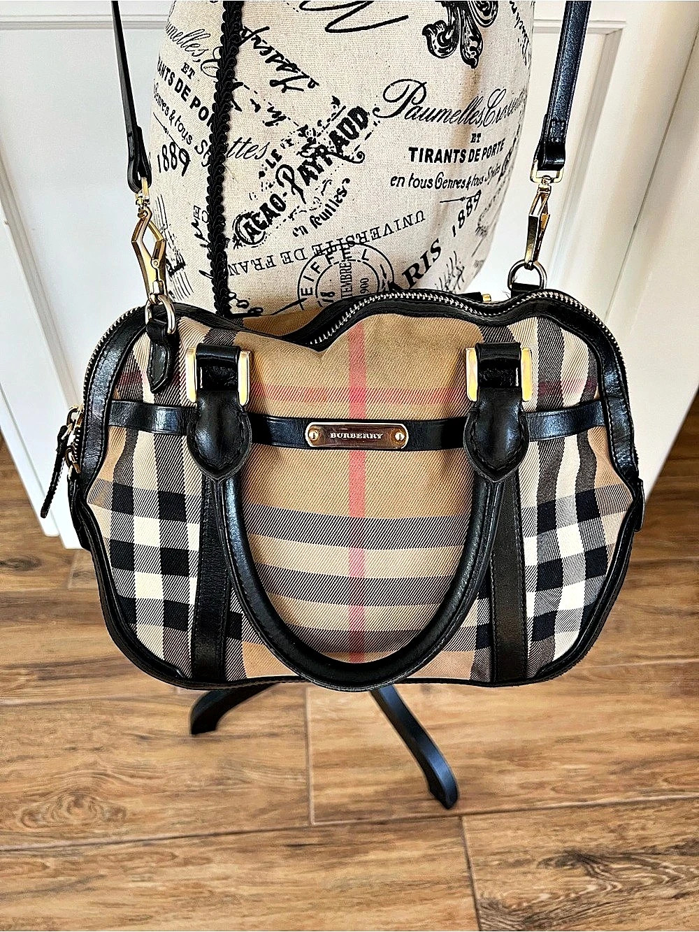Burberry House Check Canvas Chester Bowling Bag Satchel Brown & Black - Picture 4 of 12